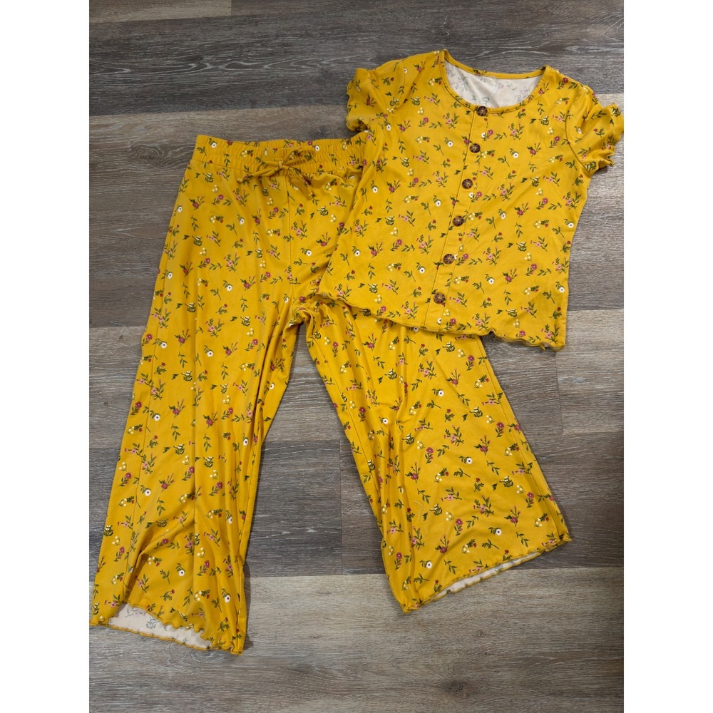 Self Esteem Girls Mustard Yellow Floral 2 Piece Set Top Pants Size 10 Ribbed